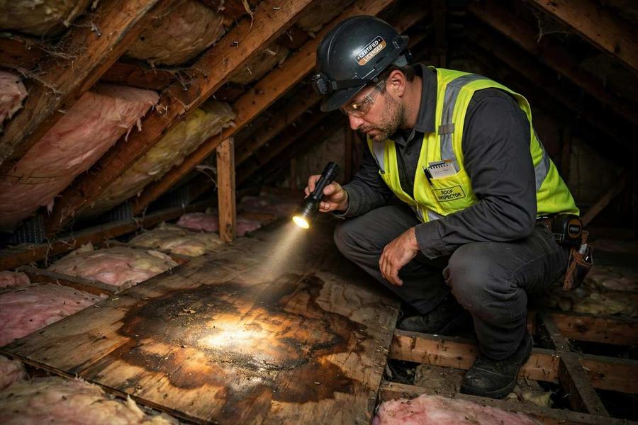 Inspector in an attic shining a flashlight on roof decking
