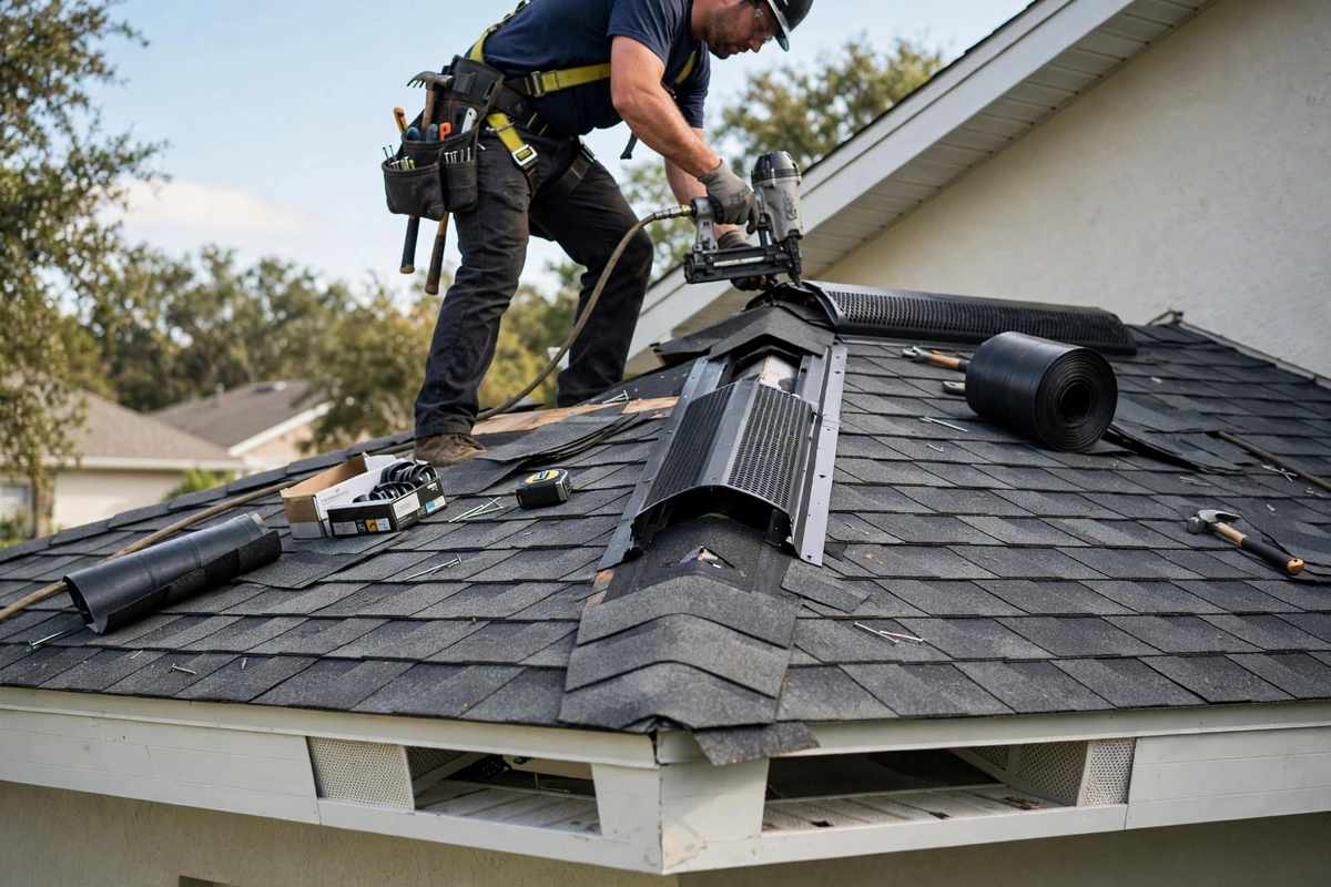 Ridge vent and attic ventilation work on a home roof