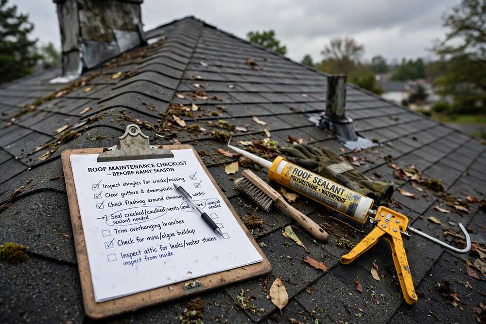 Roof maintenance work on a home roof before rainy season