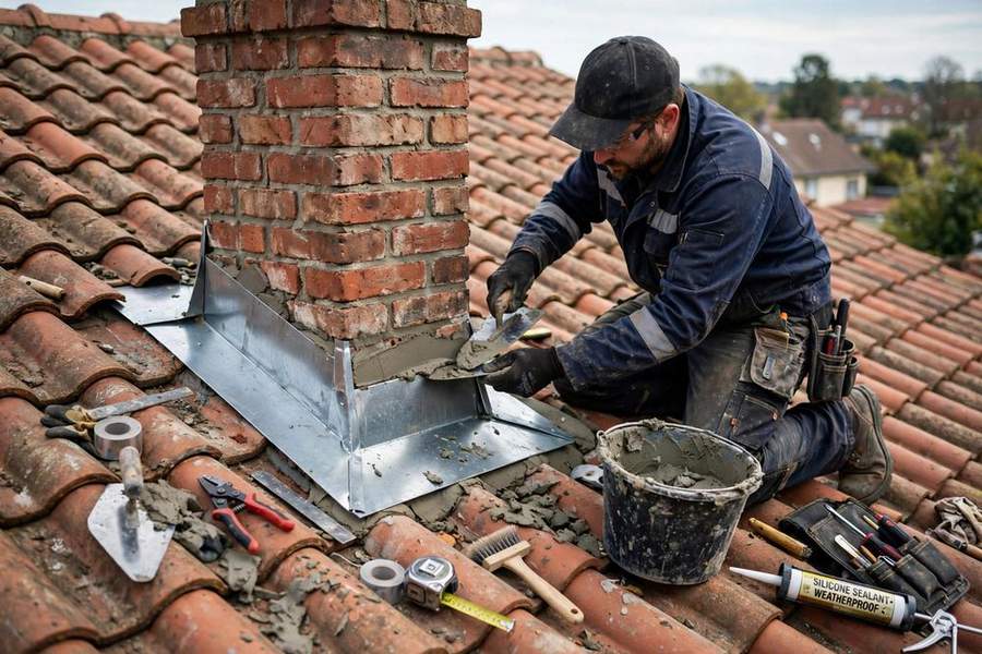 Roofer installing metal counter-flashing around a brick chimney