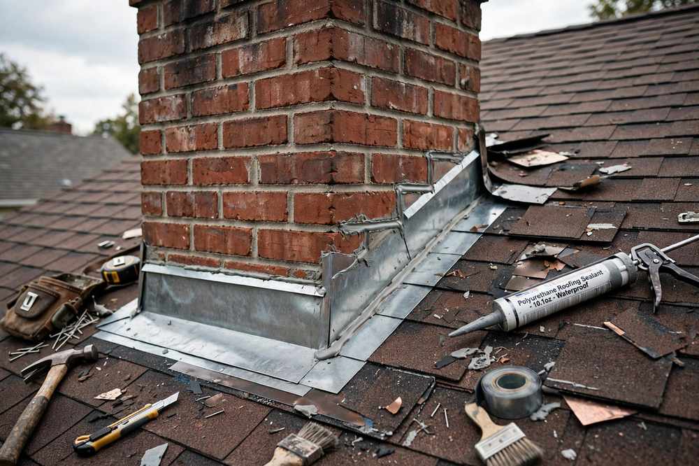 Chimney flashing and counterflashing repair at a roof junction