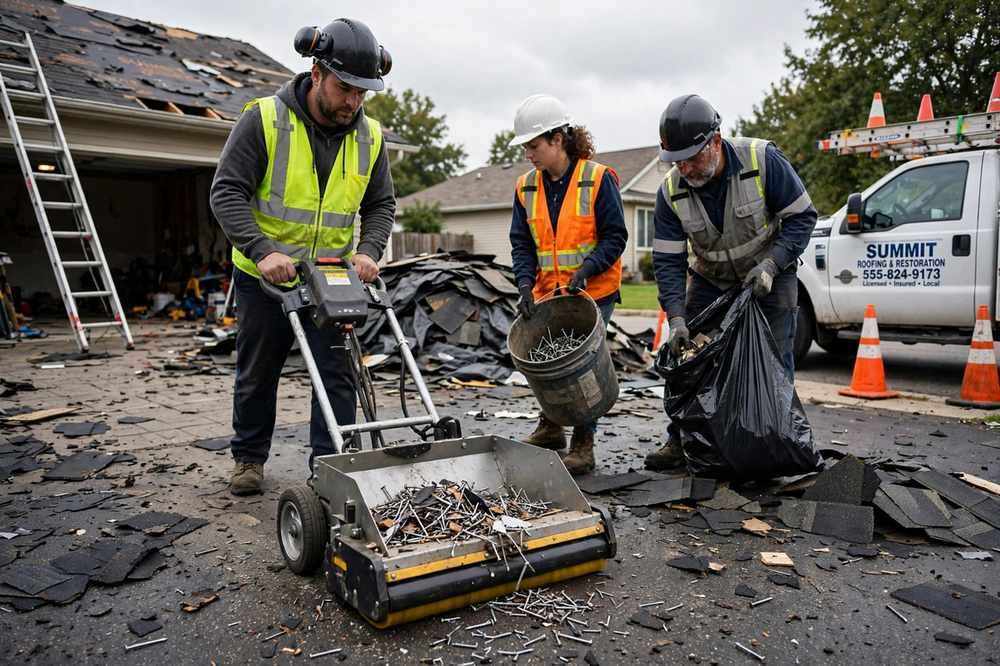 Crew cleaning up roofing debris with a magnet sweep after a job