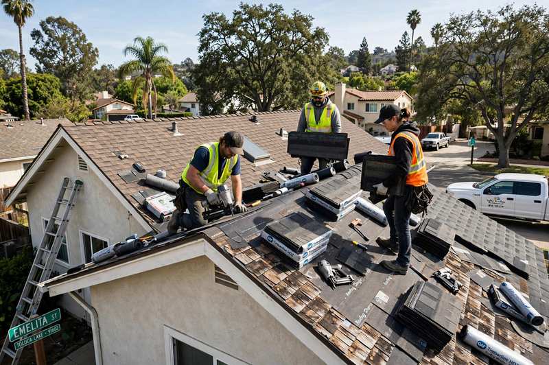Roofing crew at work on a pitched home roof in Toluca Lake