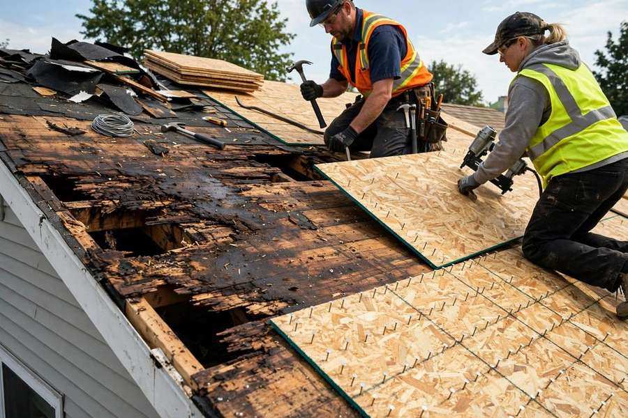 Roofers replacing plywood roof deck sheathing