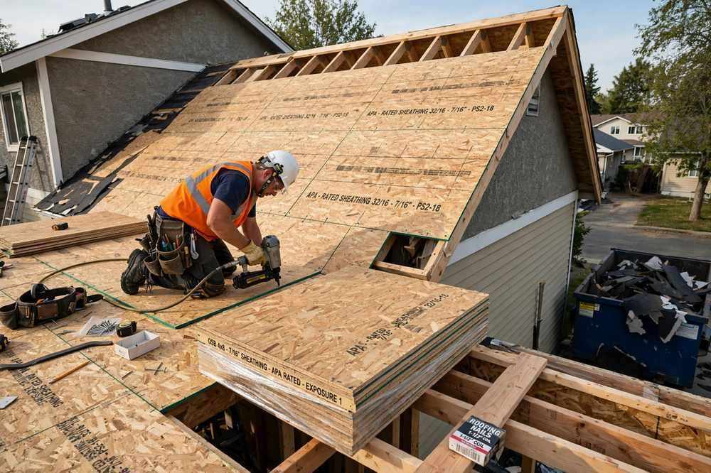 New roof deck sheathing being installed after tear-off