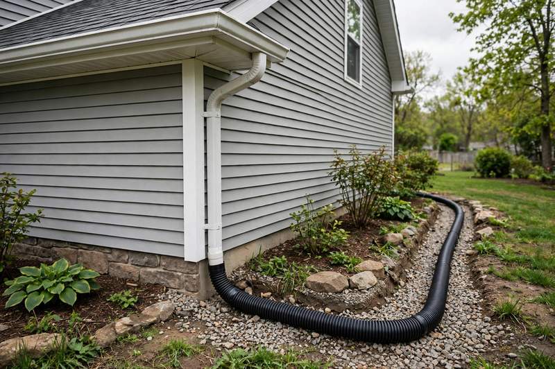 Downspout and drainage routing beside a home