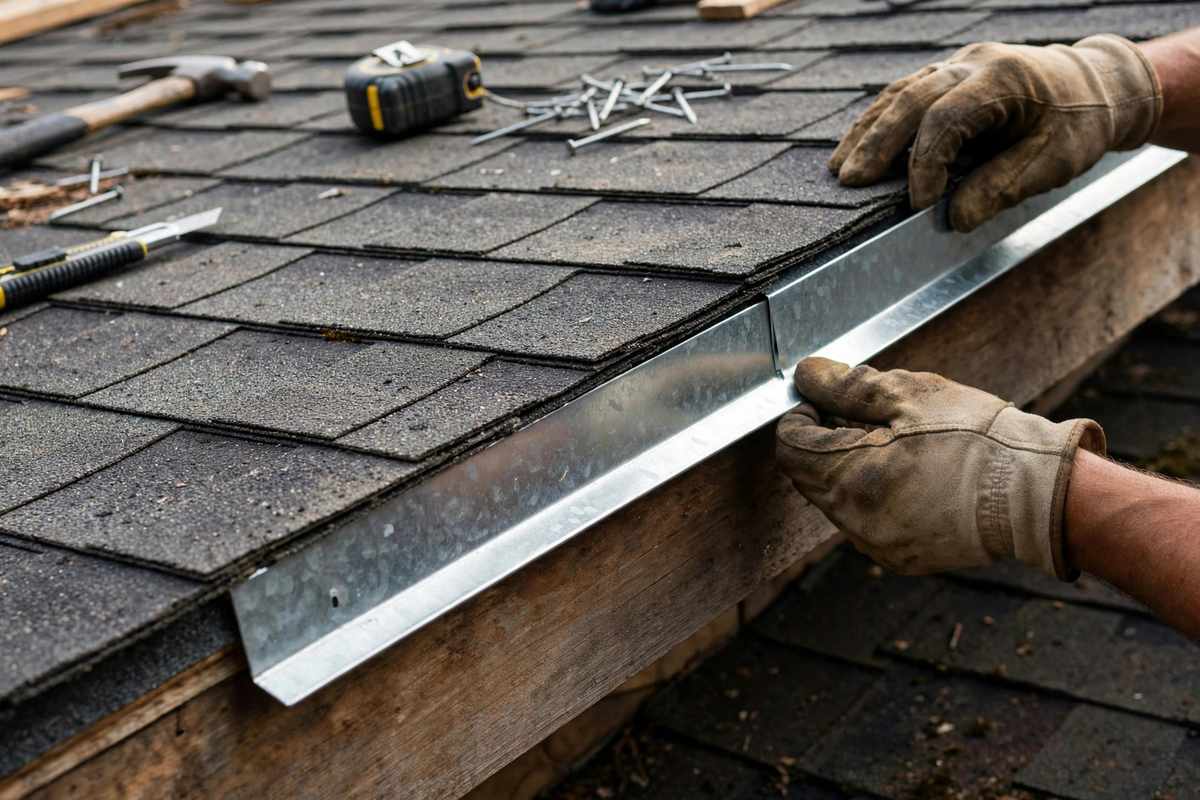 Metal drip edge being fitted along a roof edge
