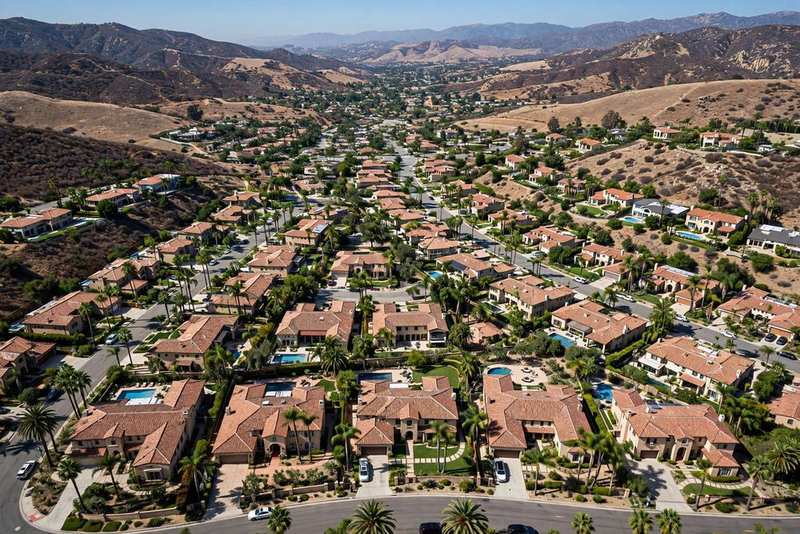 Aerial view of estate homes with terracotta tile roofs and palm trees
