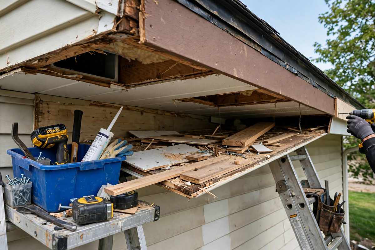 Fascia and soffit repair work at a roof eave