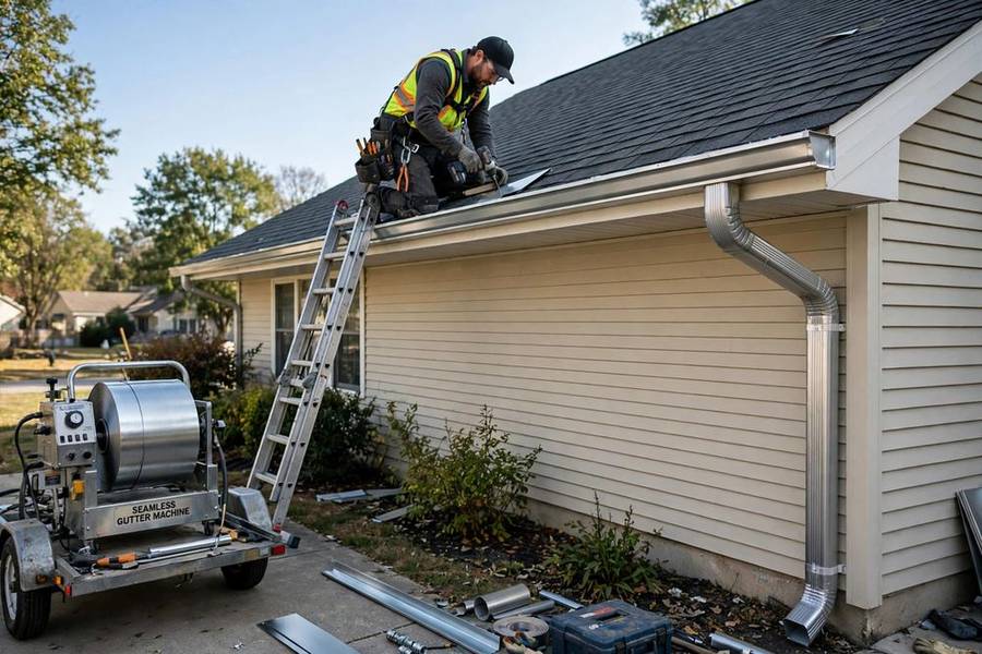 Roofer installing a seamless aluminium gutter and downspout