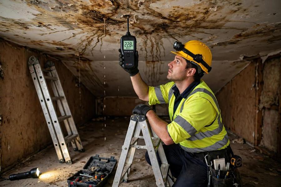 Inspector holding a moisture meter against a stained ceiling