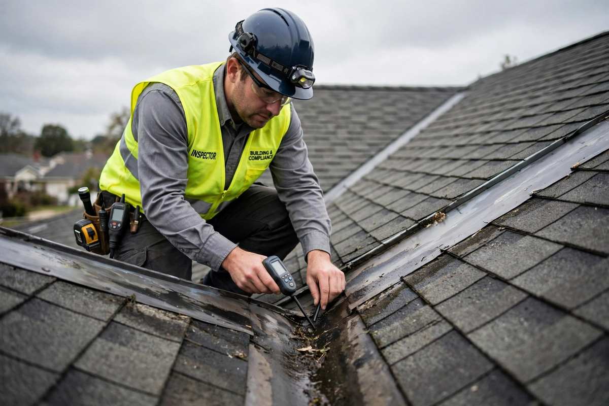 Inspector tracing a leak in a roof valley