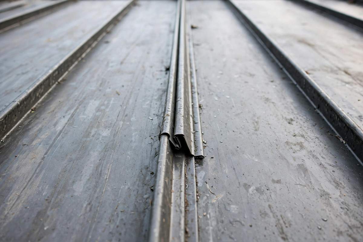Close view of standing-seam metal roof panels