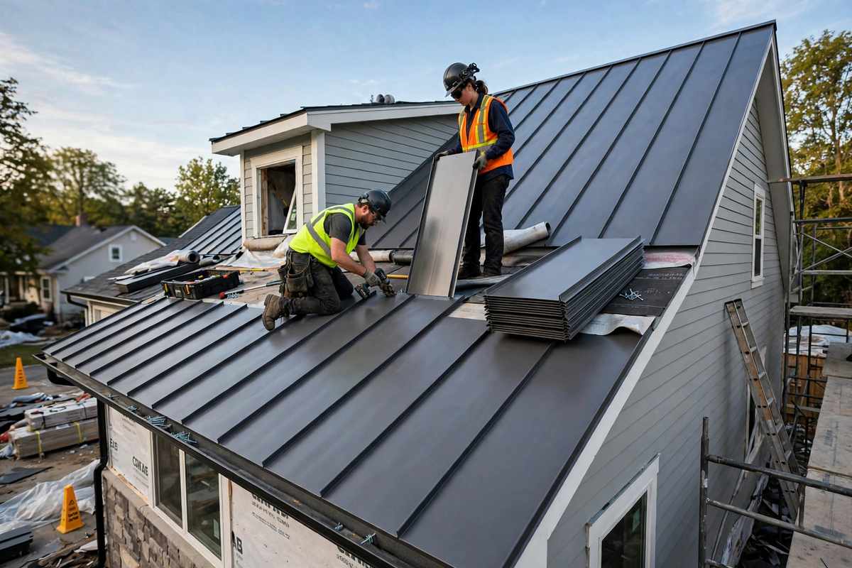 Standing-seam metal roof panels being installed on a home
