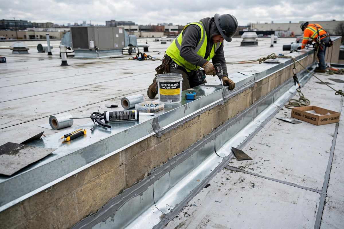 Parapet flashing work on a low-slope commercial roof