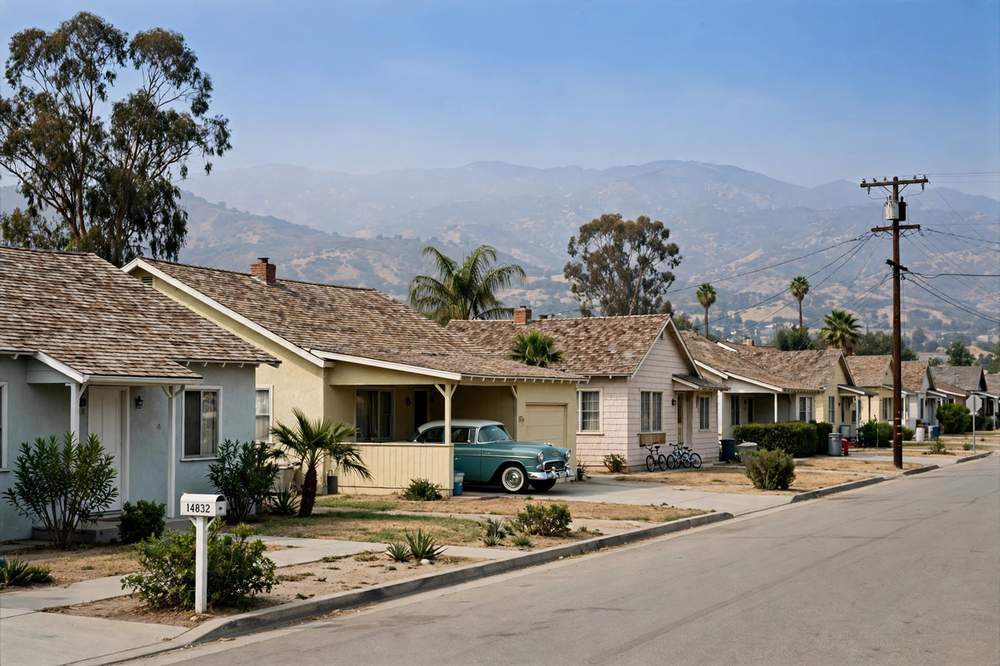 Postwar tract homes with shingle roofs in the San Fernando Valley