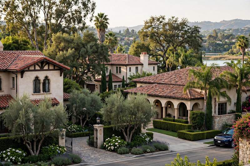 Estate homes with tile roofs near Riverside Drive in Toluca Lake