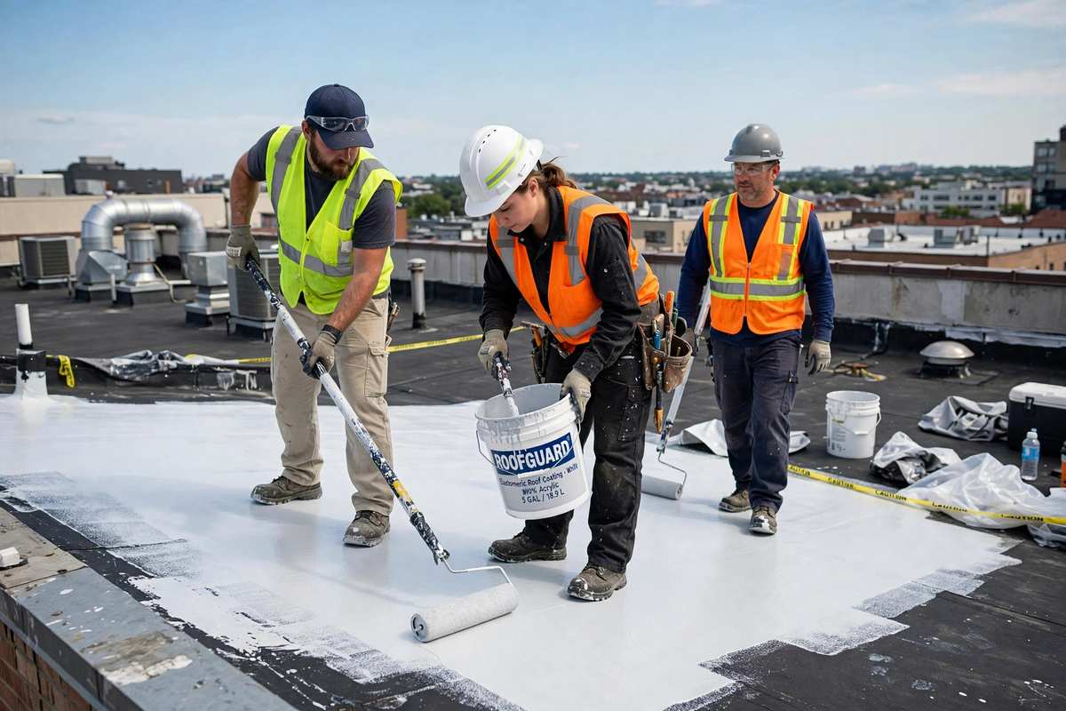Crew applying a light-coloured coating to a low-slope roof