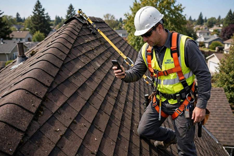 Roof inspector photographing roof condition on a pitched roof