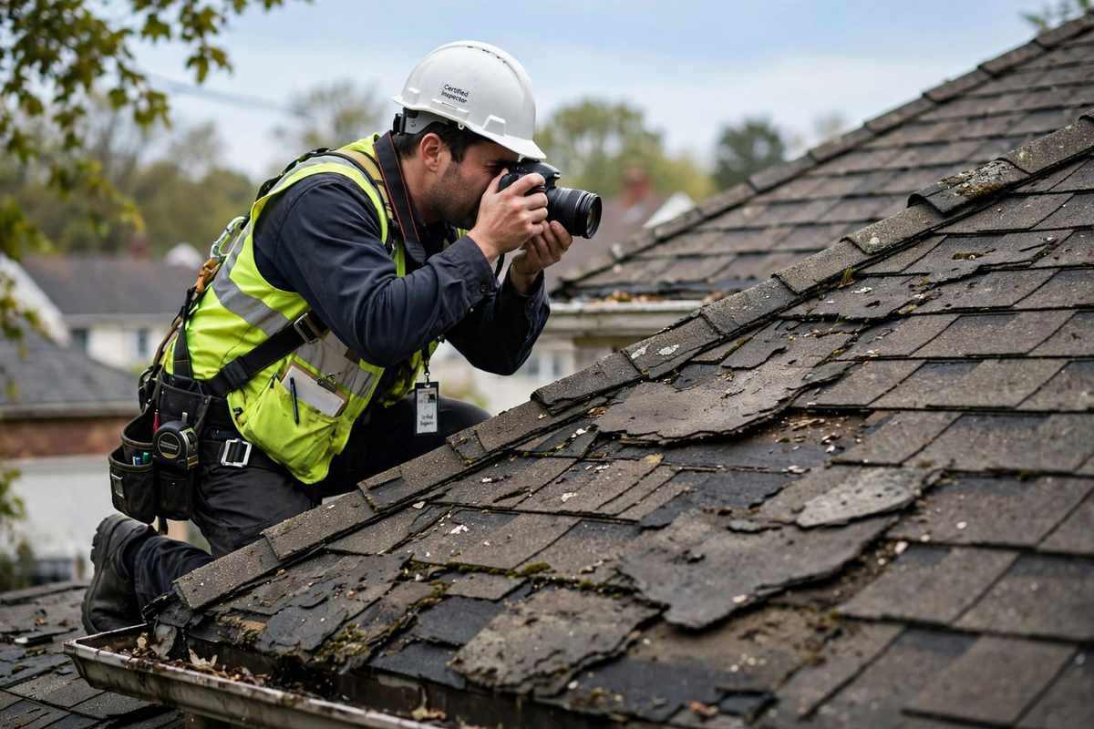 Roof inspector photographing roof condition on a pitched roof