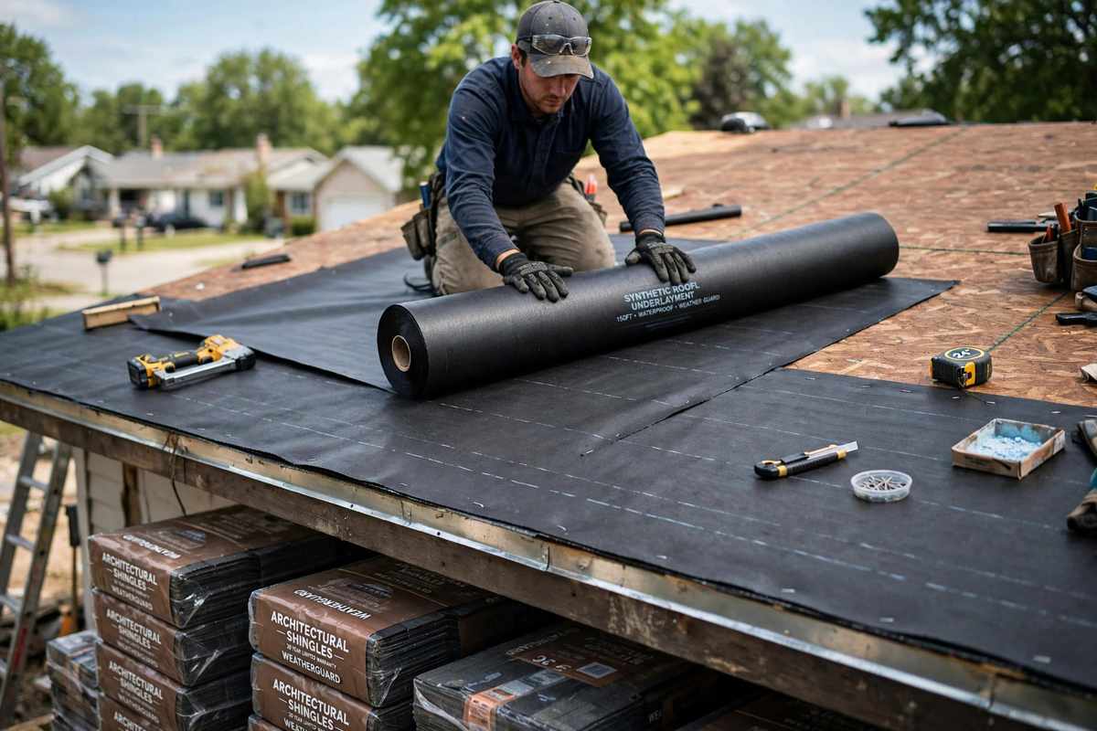 New roof installation with underlayment being laid on a deck
