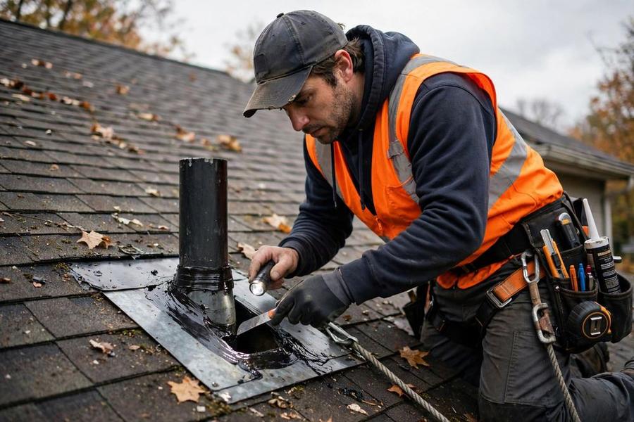 Roofer checking flashing and sealant at a roof penetration