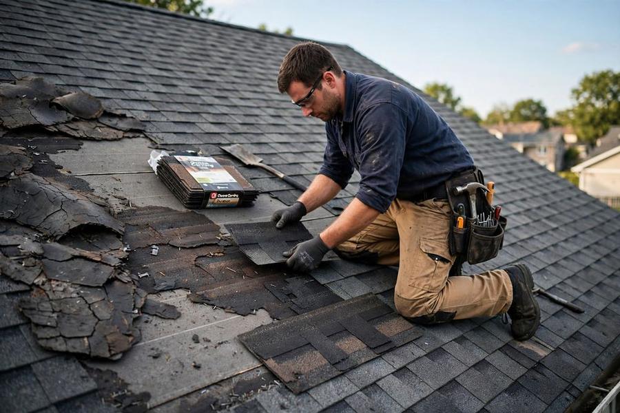 Roofer patching a small section of a pitched roof