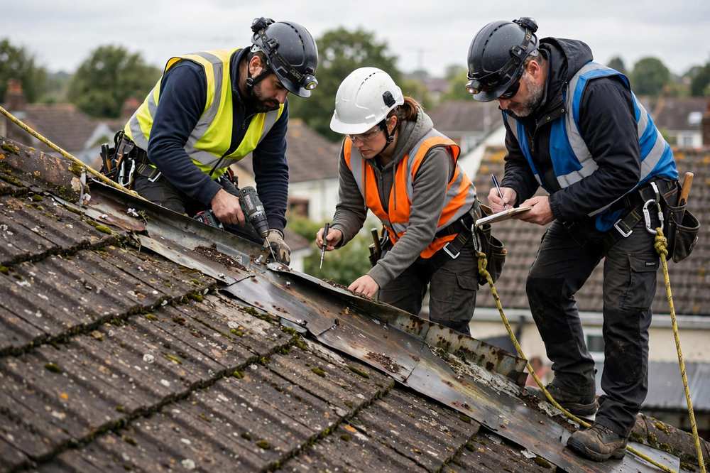 Crew checking fasteners and flashing on an ageing pitched roof