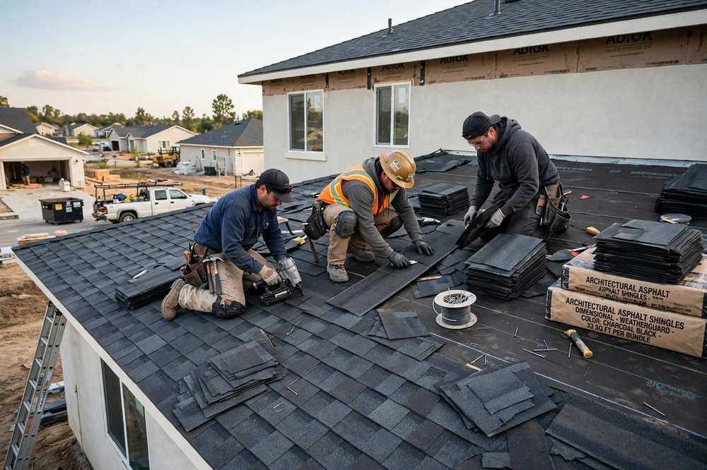 Crew installing new architectural asphalt shingles on a tract home