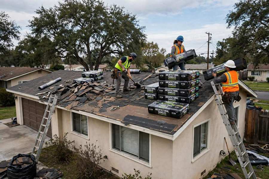 Roofing crew replacing asphalt shingles on a postwar tract home
