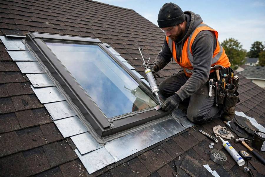 Roofer fitting flashing around a skylight on a pitched roof