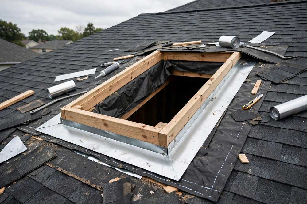 Skylight curb and flashing being rebuilt on a pitched roof