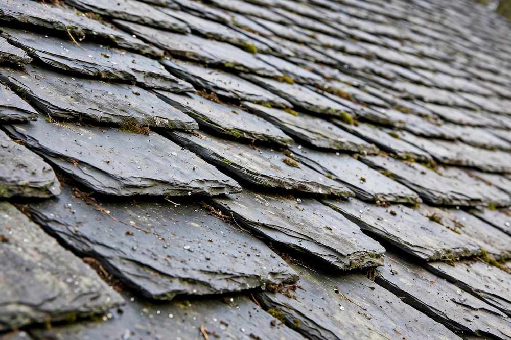 Close view of natural slate tiles on a steep roof