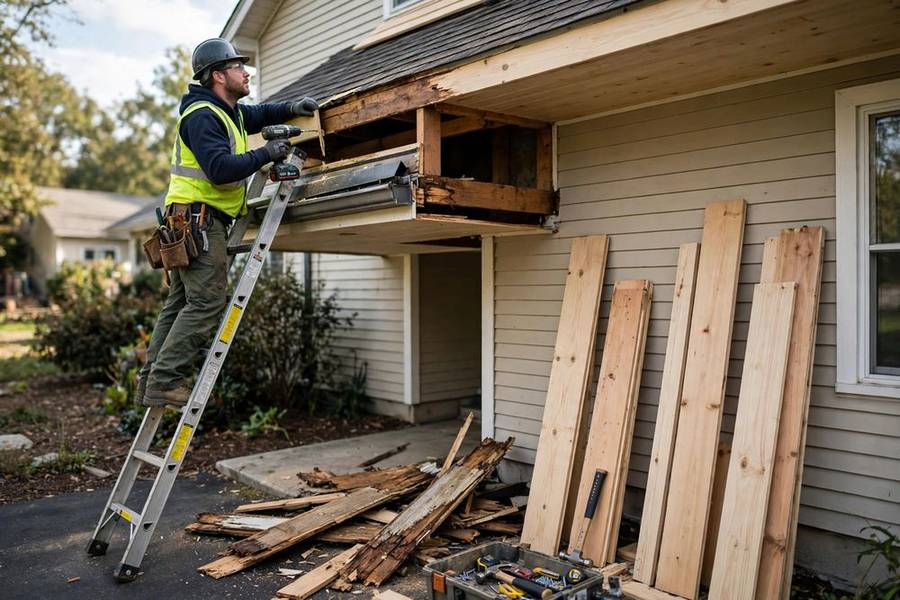 Roofer repairing fascia and soffit boards at a roof eave