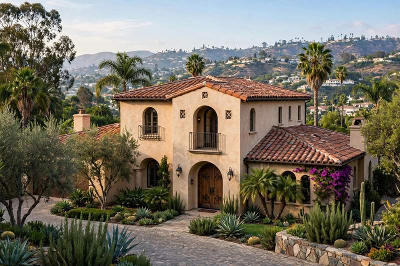 Spanish-style estate home with a clay tile roof in Toluca Lake