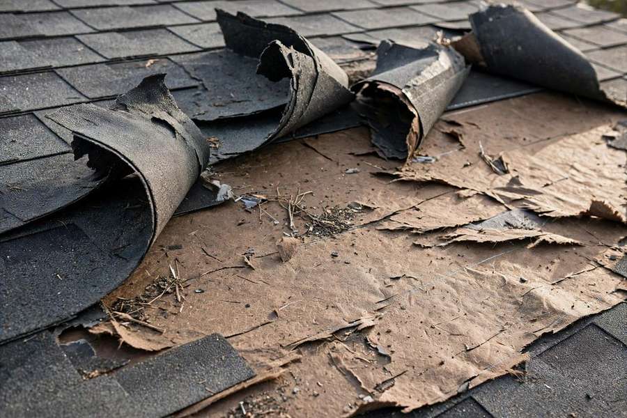 Wind-lifted and missing asphalt shingles after a windstorm