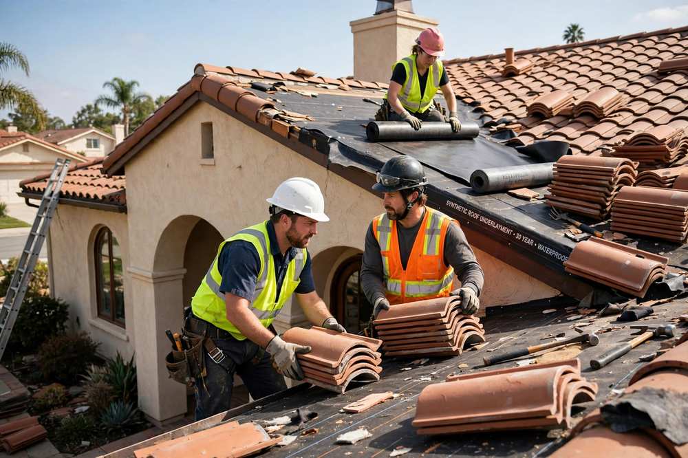Roofing crew lifting clay tiles to renew underlayment on a Spanish-style home