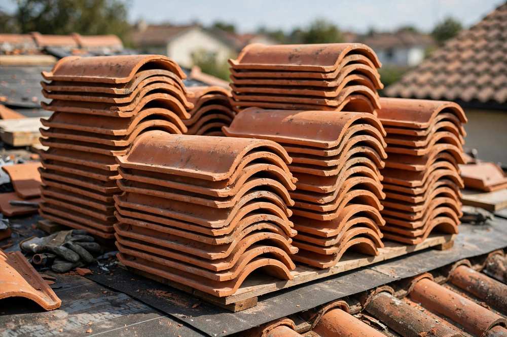 Stacked clay tiles ready for re-laying on a roof