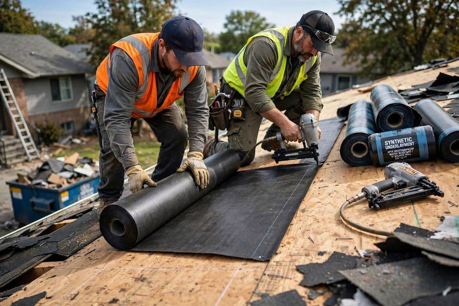 Roofers unrolling underlayment over plywood roof decking