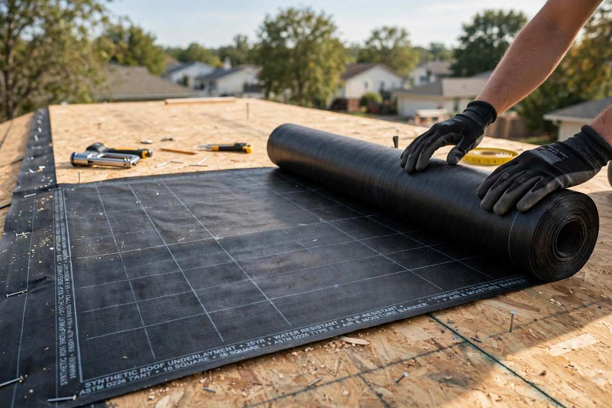 Synthetic underlayment being rolled out on a roof deck