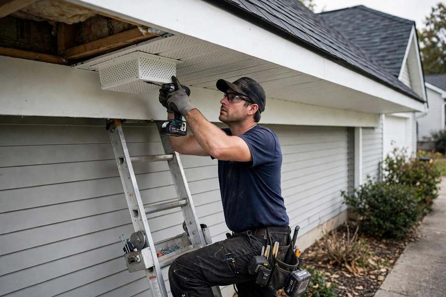 Roofer installing soffit intake vents under a roof eave