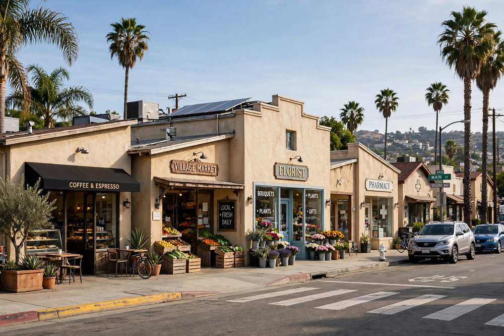 Village commercial buildings with low-slope roofs along a Los Angeles street